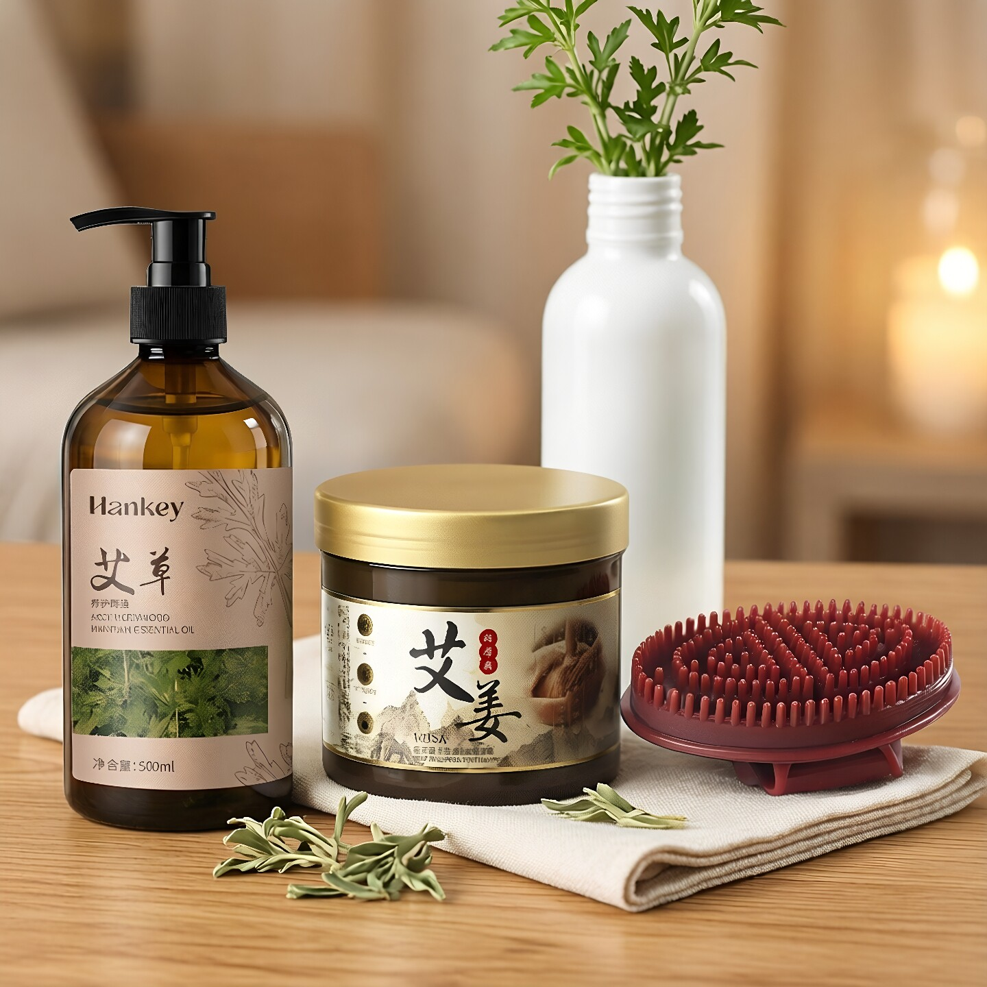 姜艾精油按摩膏套装老姜艾草发热全身护理霜滋润面部腰部腹部背部