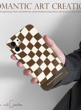 咖啡色棋盘格小众苹果iPhone13promax法式12复古11全包手机壳软xr