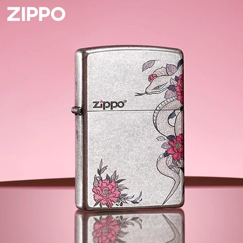 Zippo打火机蛇戏牡丹精美雕刻绚丽彩印之宝正品煤油防风收藏送礼