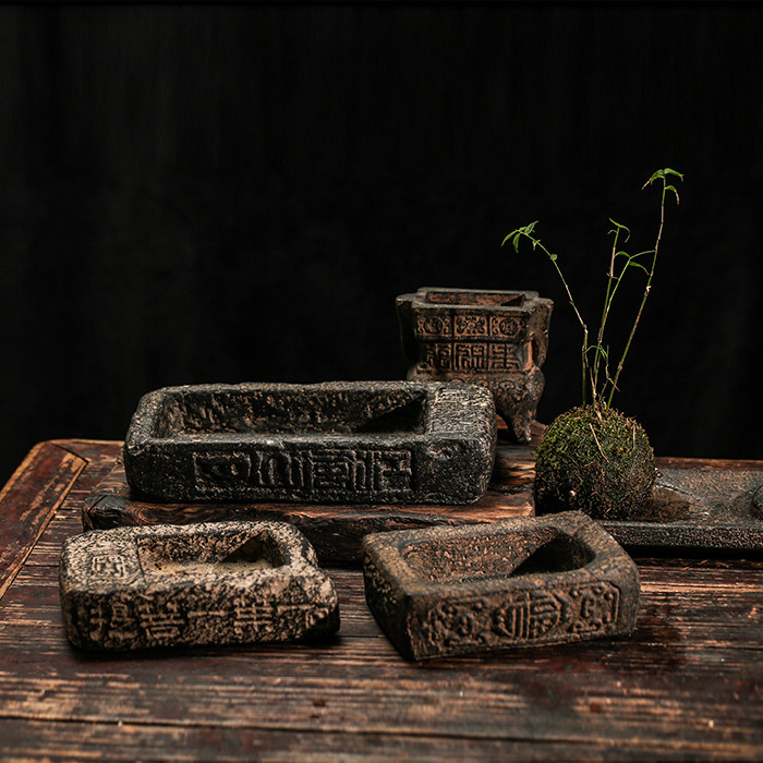 尔立仿汉砖花盆无孔水培复古花器书房家居软装烟灰缸禅意艺术摆件