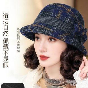 女士时尚妈妈帽子假发秋冬帽子毛呢帽加厚休闲渔夫帽中老年