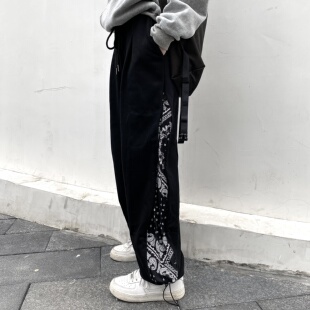 ICEREVERIE 潮牌拼接腰果花拉链直筒复古休闲宽松情侣抽绳束脚裤