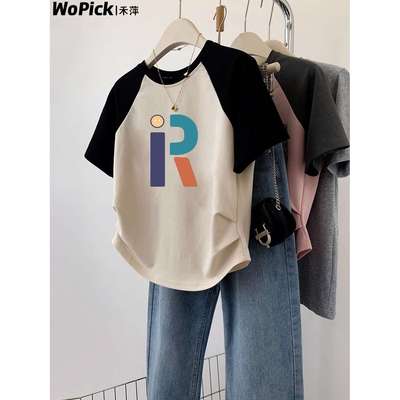 2025新款夏季不规则短款t恤女短袖修身拼接撞色显瘦插肩字母上衣