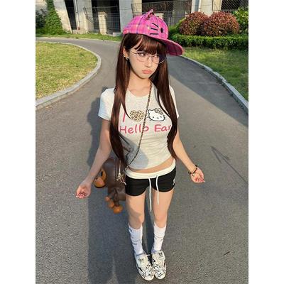 美式辣妹正肩t恤女夏季豹纹kitty猫印花灰色短袖修身显瘦短款上衣