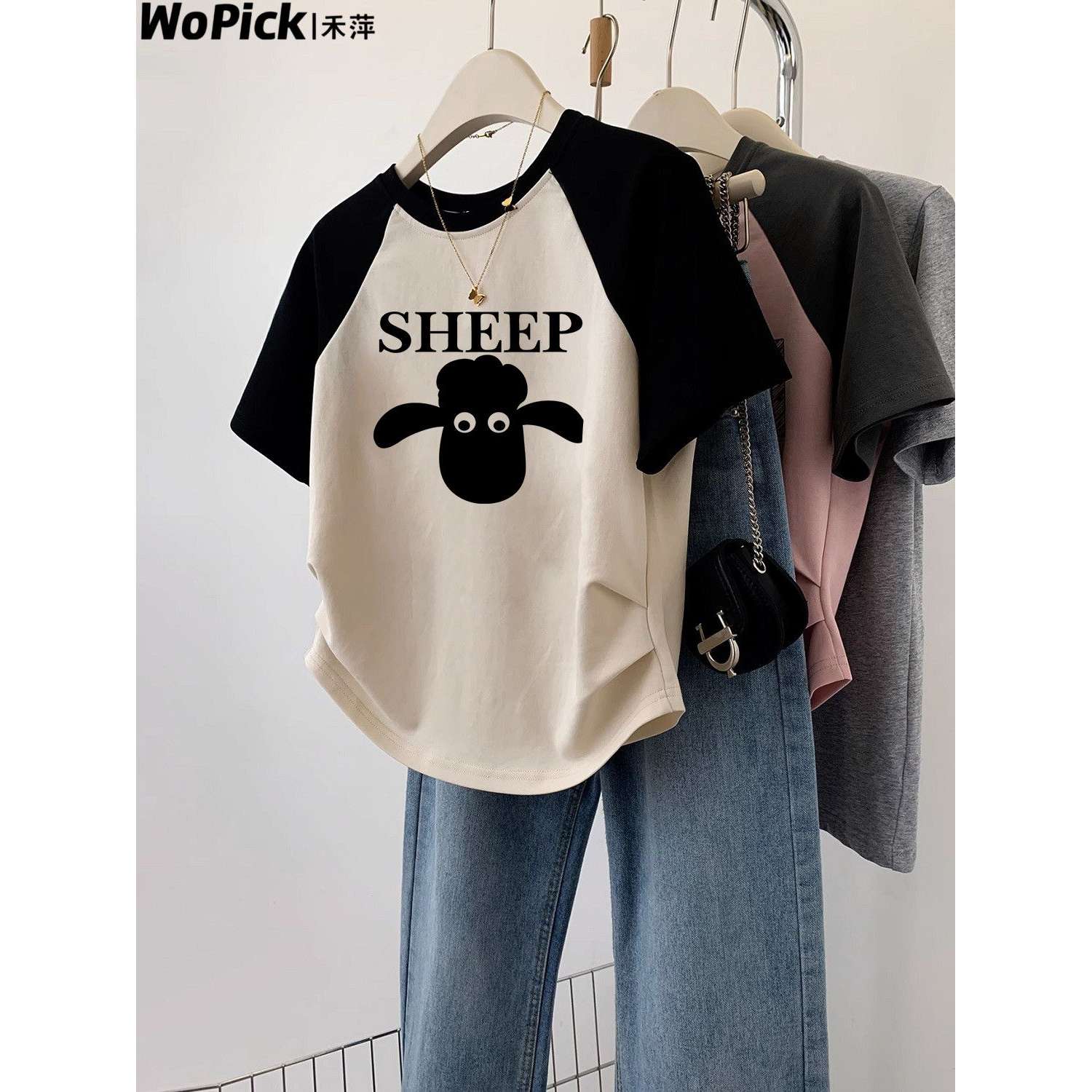 夏日多巴胺穿搭~复古甜美上衣女设计感小羊印花撞色插肩短袖T恤