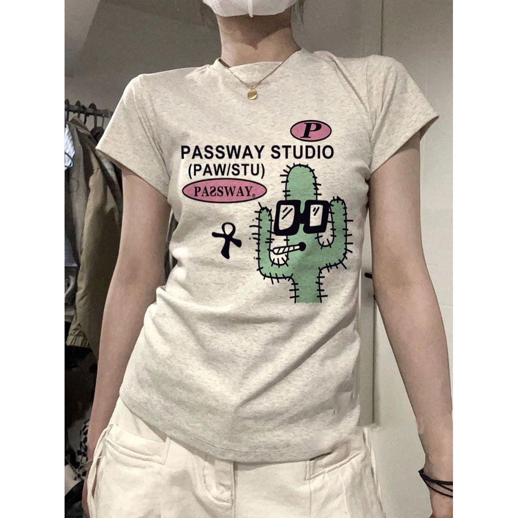 纯棉仙人掌印花短袖t恤女夏季甜辣修身显瘦别致打底衫紧身上衣女