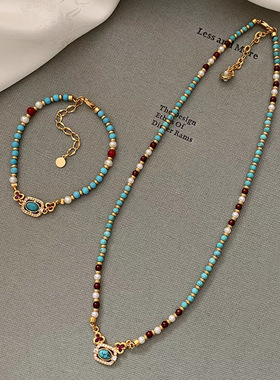 绿松石红玛瑙施家珍珠串珠项链女气质网红轻奢新中式国风锁骨颈链