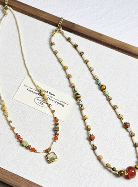 彩色天然石项链高级感猫眼石方形吊坠项链小众叠戴串珠毛衣链