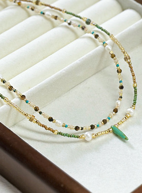 新中式爆款淡水珍珠项链复古串珠天然石颈链女设计高级感锁骨链女