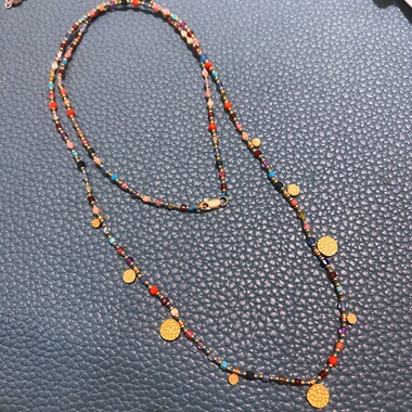 天然彩虹方糖925银镀金毛衣链