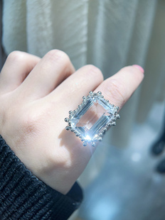 大克拉白水晶戒指13圈口闭口长方形装饰戒指女男简约个性原创设计
