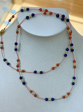 天然青金石南红玛瑙镀金锁骨链