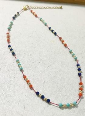 天然青金石南红绿松石中式锁骨链