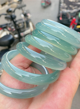 天然冰种油青色玉髓手镯少女文艺款玛瑙镯子细圆条美人镯