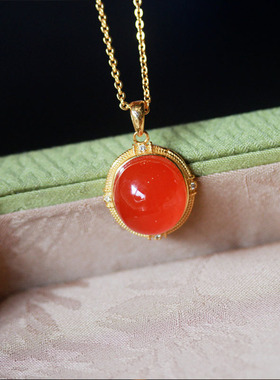 天然保山冰红吊坠高冰透红蛋形轻奢项坠s925银镀18K金锁骨链项链