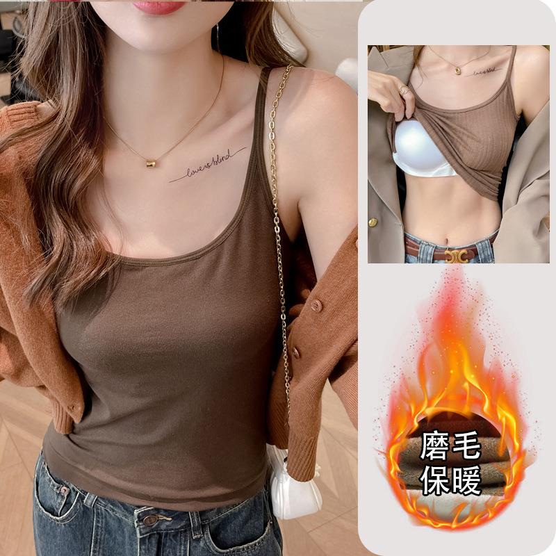 秋冬季磨毛加厚保暖打底吊带背心女内搭显瘦带胸垫一体固定式加绒