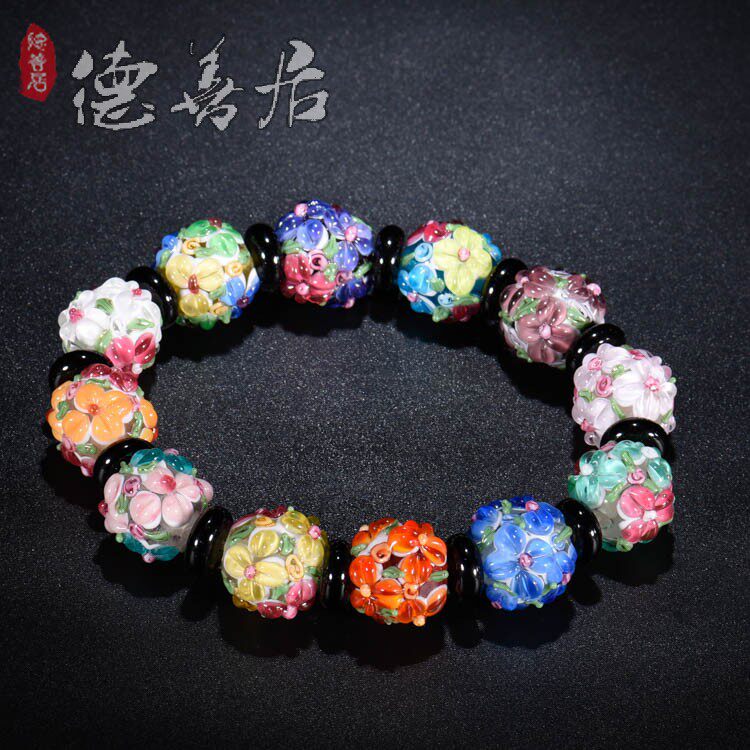 民国仿古琉璃手串 日式多彩花琉璃手工琉璃手链 佛珠念珠手钏配饰