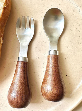 胡桃木实木316不锈钢食品级小叉小勺甜品叉子勺子哑光茶勺儿童勺