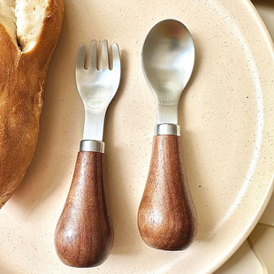 胡桃木实木316不锈钢食品级小叉小勺甜品叉子勺子哑光茶勺儿童勺