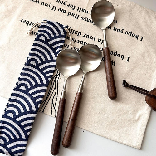 复古304不锈钢圆勺实木胡桃木勺