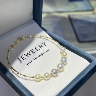 Akoya海水珍珠糖果色手镯超强跳色通体18K金材质手镯