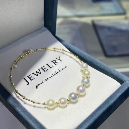 Akoya海水珍珠糖果色手镯超强跳色通体18K金材质手镯