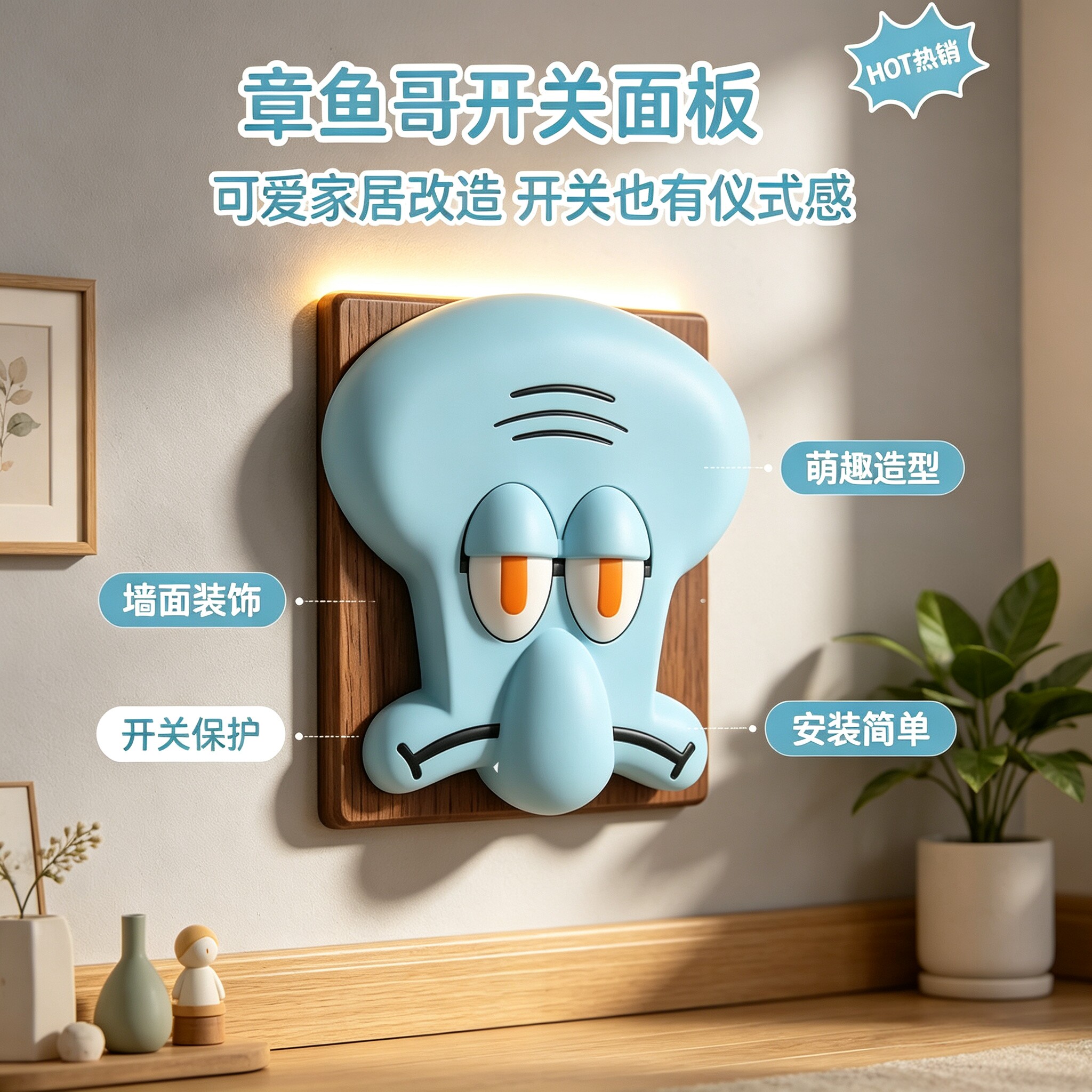 3D打印章鱼哥单开关趣味开关面板模型装饰复古街机摇杆开关挂件