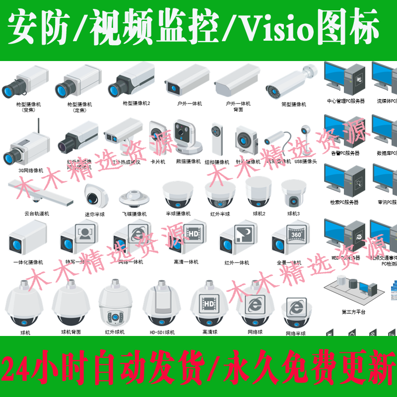 visio安防图标视频监控摄像机拓扑素材海康威视通讯报警机房门禁