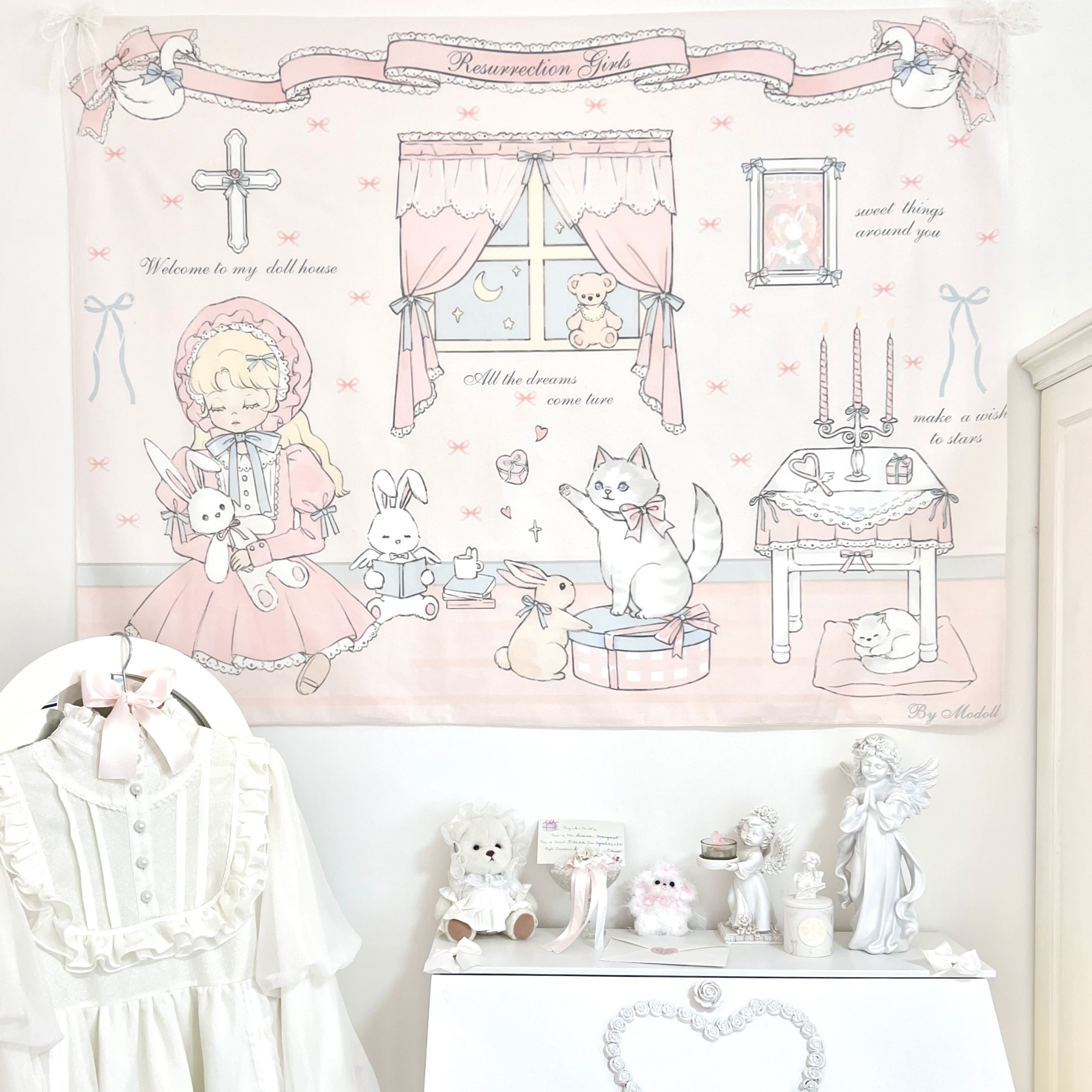 Rgirls原创梦幻法式少女猫咪背景布挂毯装饰画Lolita洋娃娃挂布