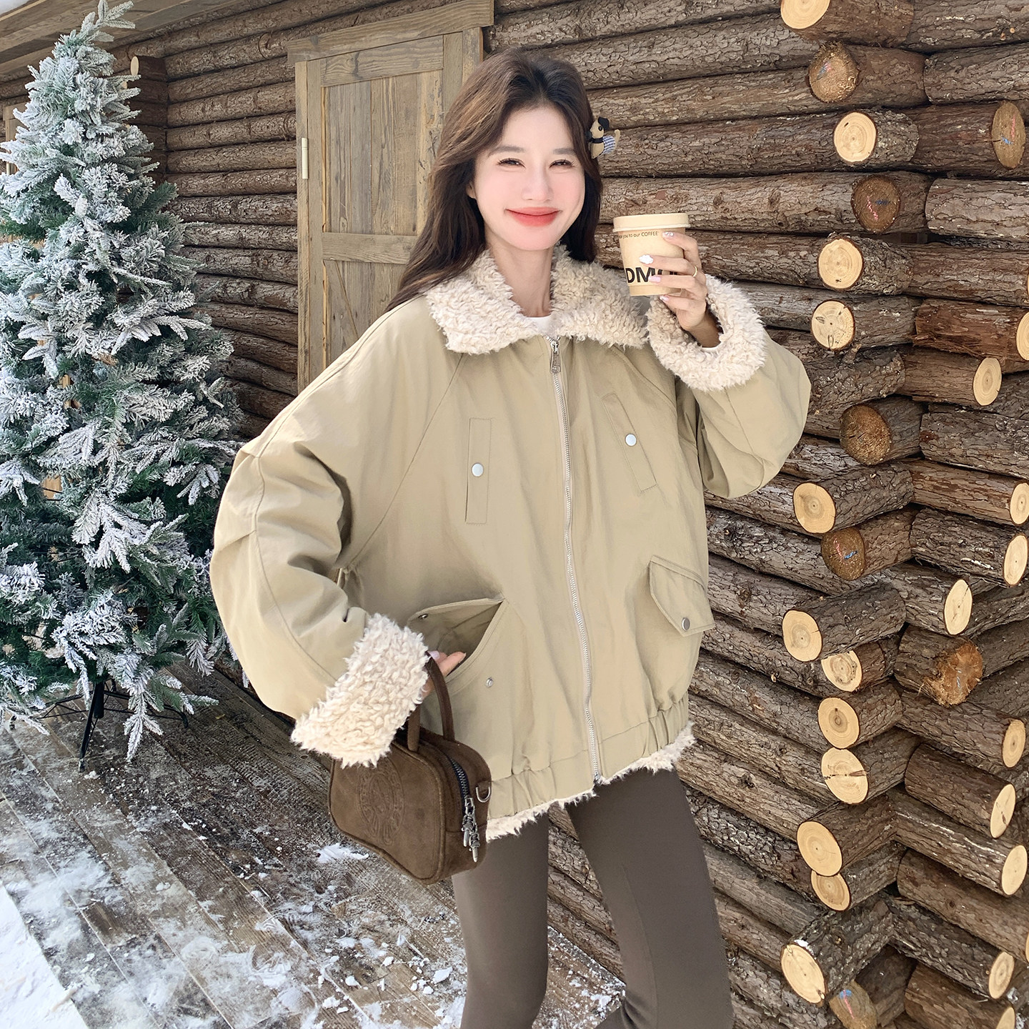 两面穿羊羔毛毛领派克服女冬季2025新款韩系工装风加绒加厚棉服,女装毛呢外套,2D107