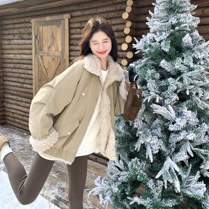 两面穿羊羔毛毛领派克服女冬季2025新款韩系工装风加绒加厚棉服图片