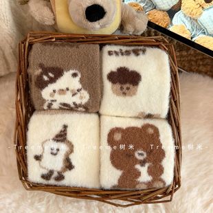 儿童卡通小熊袜子男童女童秋冬毛绒袜加厚保暖睡眠袜珊瑚绒中筒袜