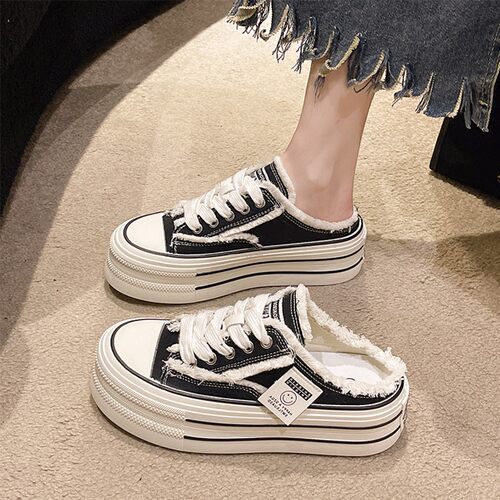 外穿松糕底板鞋帆布包头半拖