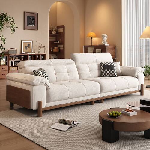 中古风实木枫颂布艺沙发小户型客厅简约轻奢雪尼尔奶油云朵沙发