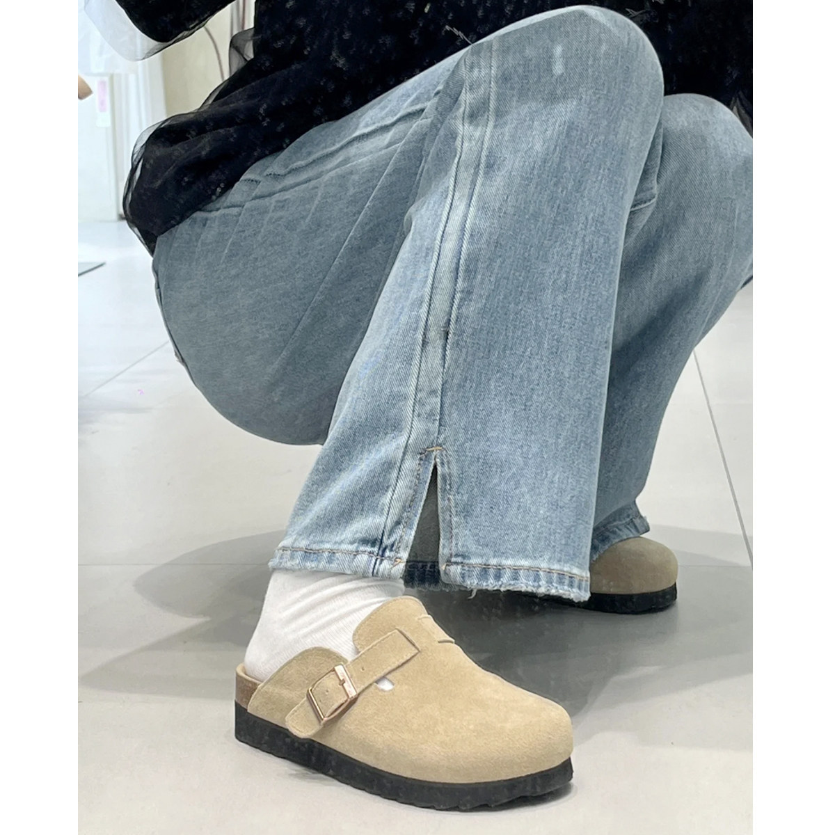 内增高5cm~真皮勃肯鞋女2026春秋全包单鞋外穿钓鱼厚底博肯半拖鞋