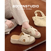 赵露思同款 一字带凉拖鞋 女夏外穿草编松糕鞋 羊皮版 厚底高跟凉鞋
