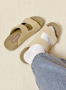 【限时88】踩屎感~真皮厚底勃肯鞋女夏外穿拖鞋魔术贴一字带凉拖