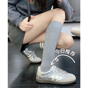 清仓价~牛皮版银色德训鞋女夏2024新款厚底阿甘鞋系带运动小白鞋