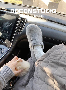 【限时伴价】灰色勃肯鞋加绒毛毛鞋女秋冬毛毡半拖鞋厚底博肯棉鞋