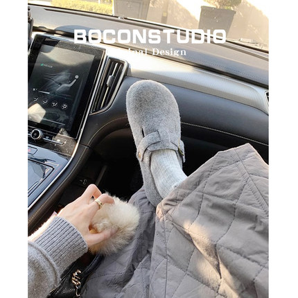 【限时伴价】灰色勃肯鞋加绒毛毛鞋女秋冬毛毡半拖鞋厚底博肯棉鞋