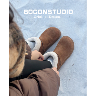 全牛皮版~厚底加绒雪地靴女秋冬大头圆头丑萌勃肯短靴保暖棉靴子