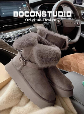 内增高~灰色雪地靴女加绒毛毛冬季保暖雪地棉鞋中筒厚底长筒靴子