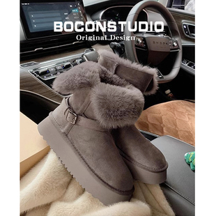 内增高~灰色雪地靴女加绒毛毛冬季保暖雪地棉鞋中筒厚底长筒靴子