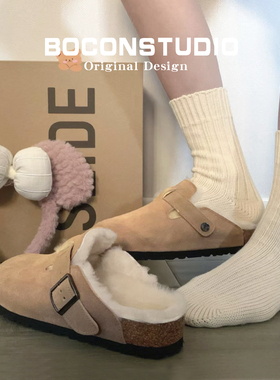 【限时78】加绒勃肯鞋毛毛拖鞋女秋冬足弓支撑包头半拖厚底博肯鞋