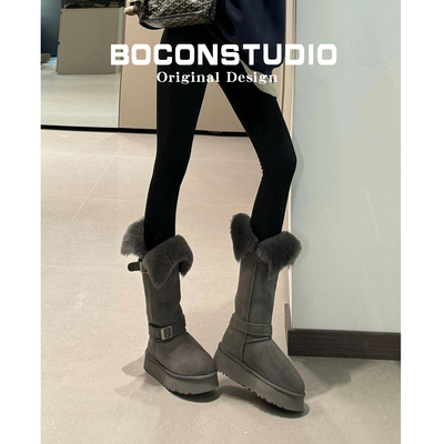 厚底灰色雪地靴女冬季新款加厚毛毛保暖东北长筒棉鞋加绒高筒靴子