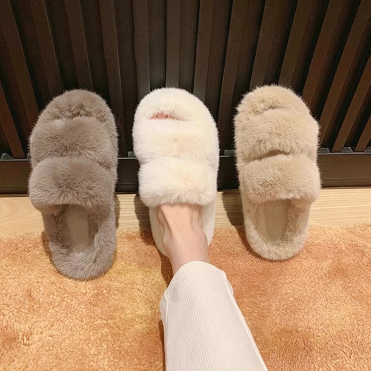 冬季加绒保暖慵懒厚底毛毛拖鞋女外穿2025新款懒人休闲居家鞋平底