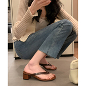 羊皮版 外穿凉拖粗跟高跟鞋 韩国细带夹脚趾凉鞋 女夏沙滩人字拖鞋