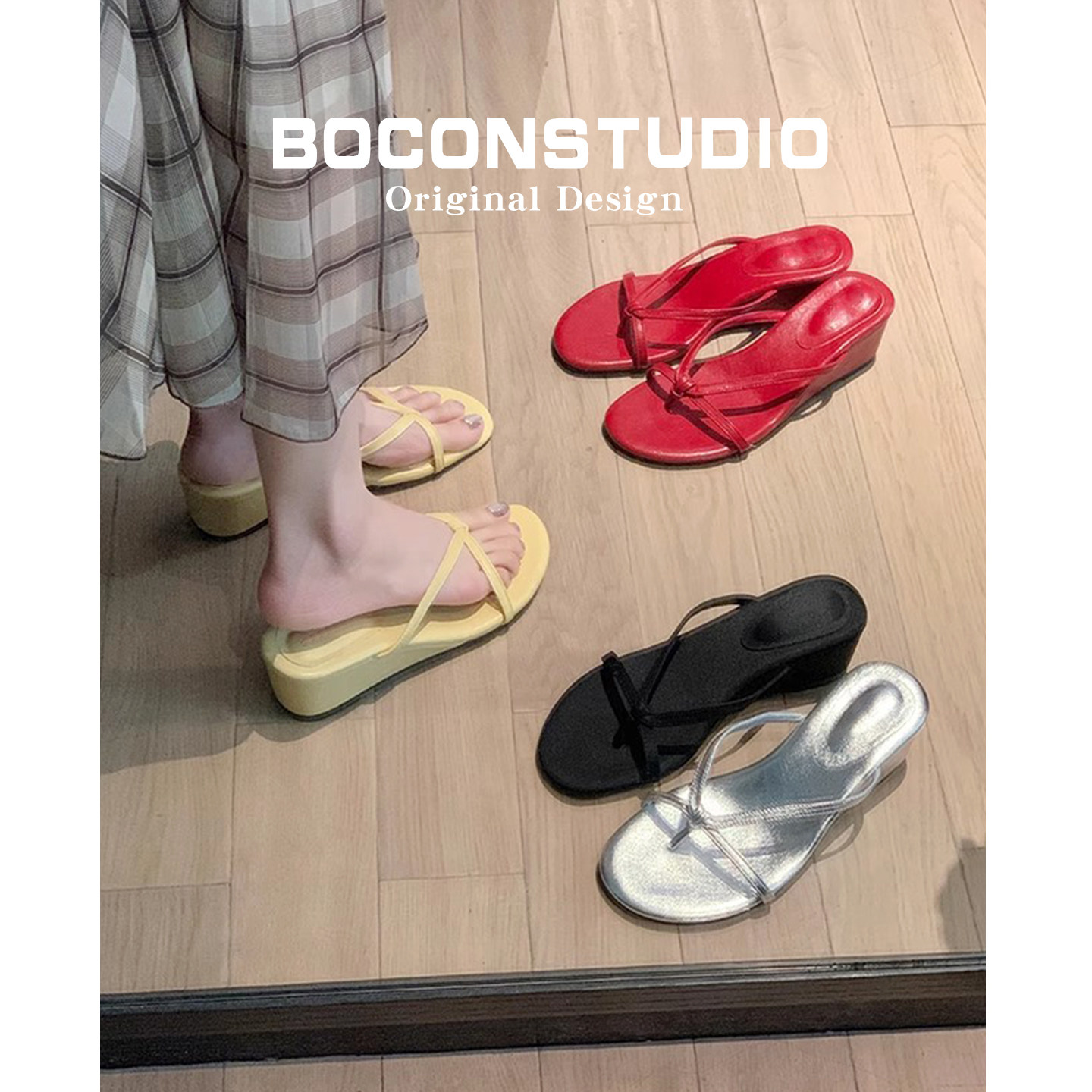 羊皮版~法式夹趾凉拖鞋女夏露趾细带红色高跟鞋一字带坡跟人字拖