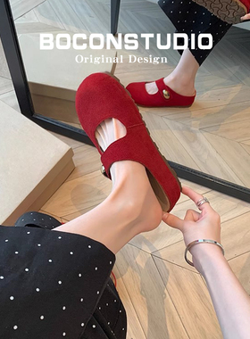 内增高5cm~真皮红色勃肯鞋女春秋冬半拖鞋2026新款厚底博肯包头拖