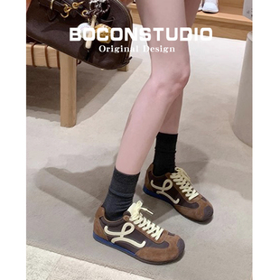 棕色休闲阿甘鞋 女春秋大头运动户外板鞋 复古内增高德训鞋 牛皮版